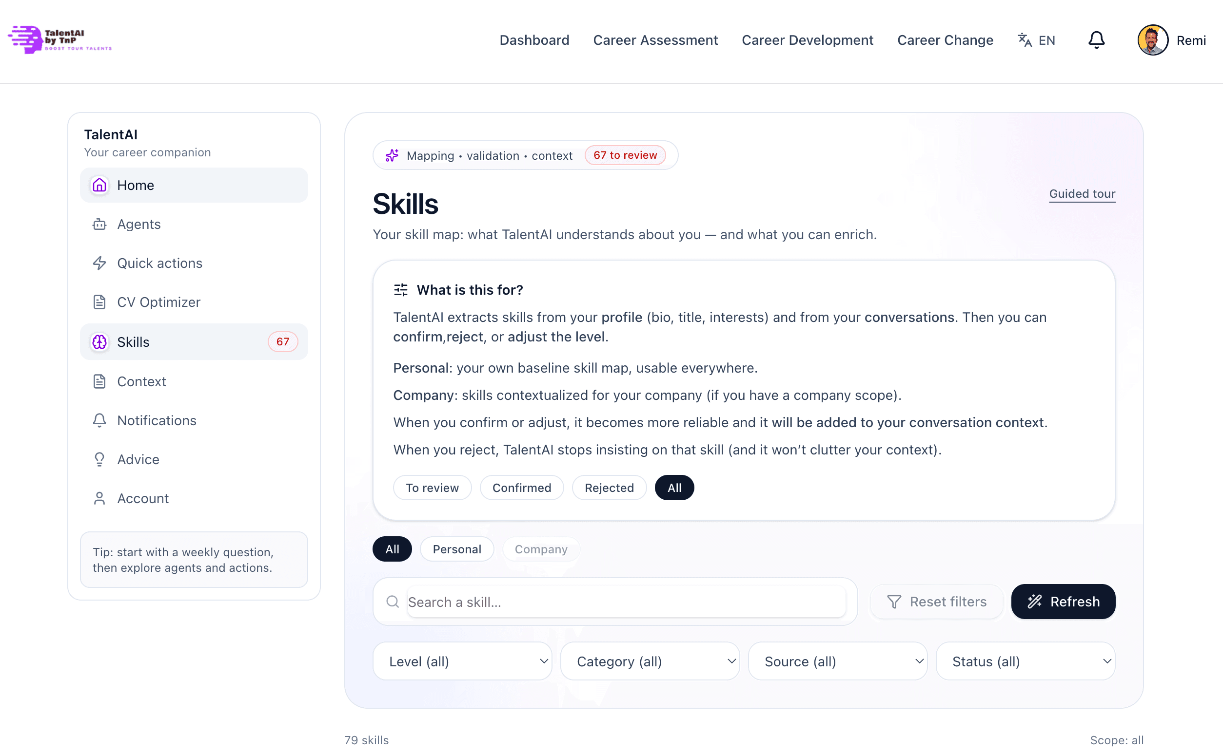 Capture d’écran des compétences validables
